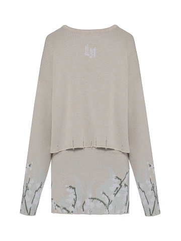 Бежевый вязаный комплект из свитера и юбки-мини с ландышами, 2