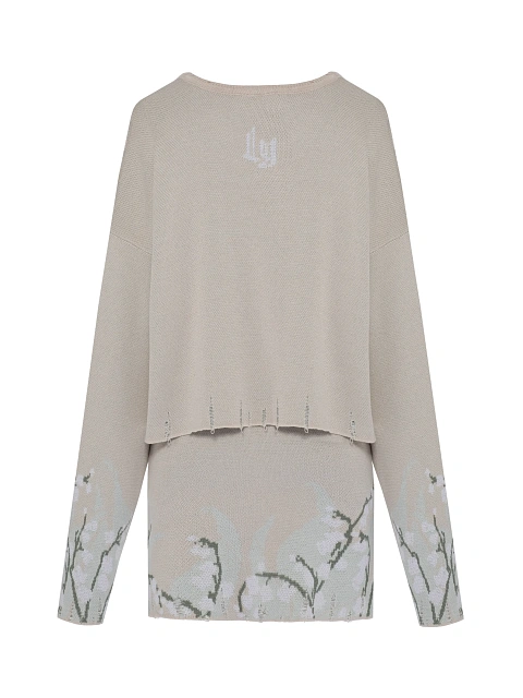 Бежевый вязаный комплект из свитера и юбки-мини с ландышами, 2