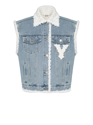 Голубой джинсовый жилет с подкладом из белой овчины, 1