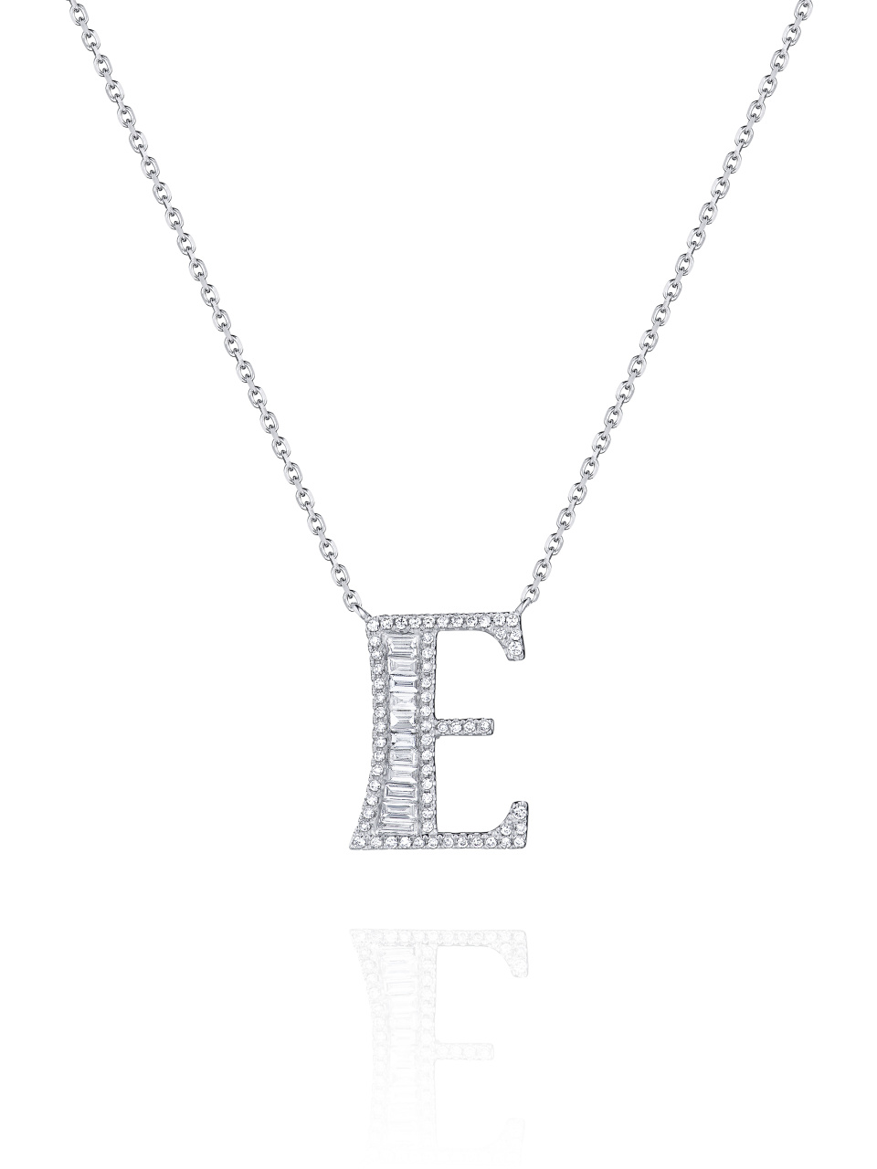 Колье с кулоном из белого золота и бриллиантов в виде буквы E, 1
