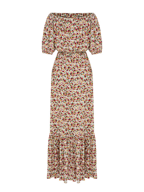 Бежевое платье-макси с открытыми плечами и цветочным принтом, 2