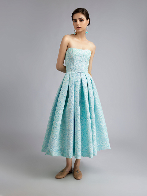 Бирюзовое платье-миди из жаккарда, 4