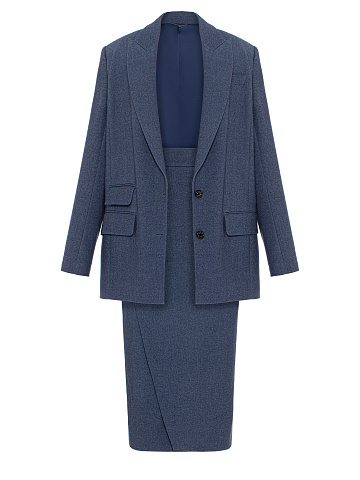 Синий шерстяной костюм-двойка с юбкой-миди, 1