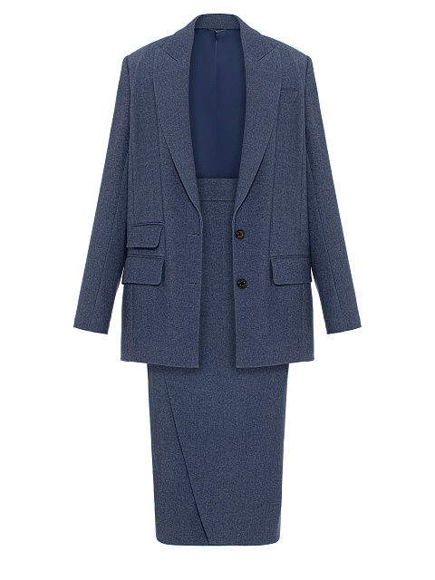 Синий шерстяной костюм-двойка с юбкой-миди, 1