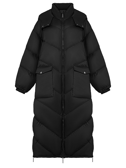 Черный длинный пуховик с капюшоном, 1