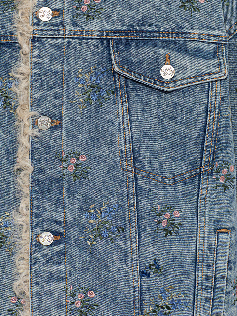 Синяя куртка из денима с подкладом из овчины и цветочной вышивкой, 3