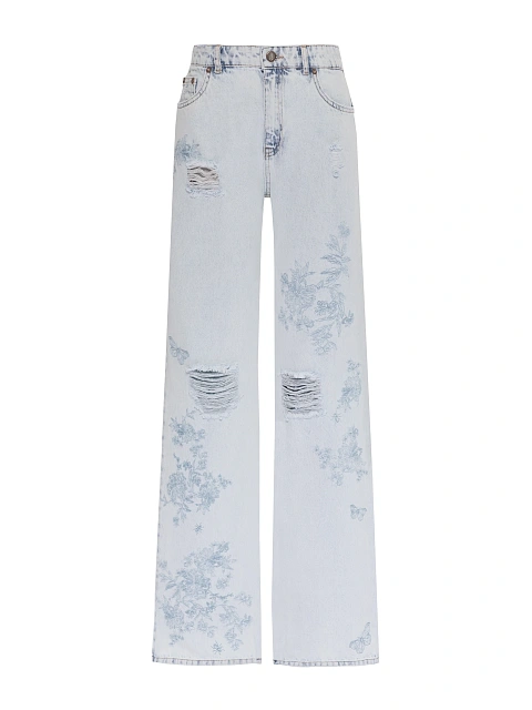 Расклешенные голубые джинсы с цветочной вышивкой, 1