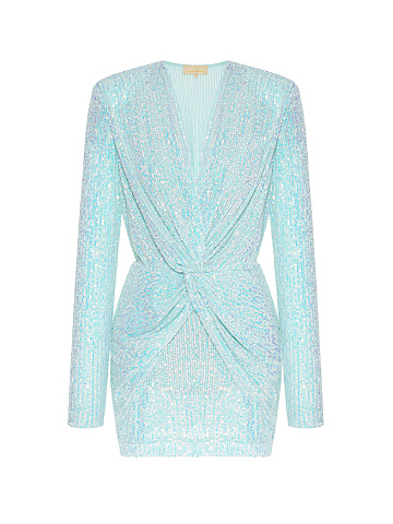 Голубое платье-мини с пайетками и драпировкой, 1