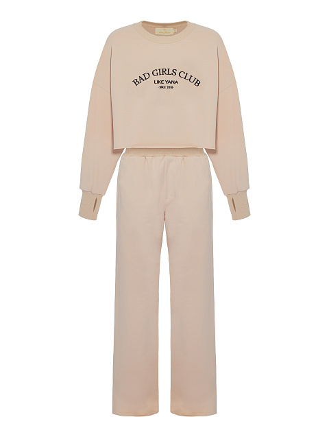 Светло-бежевый трикотажный костюм Bad Girls Club с черной вышивкой, 1 Светло-бежевый трикотажный костюм Bad Girls Club с черной вышивкой, 1