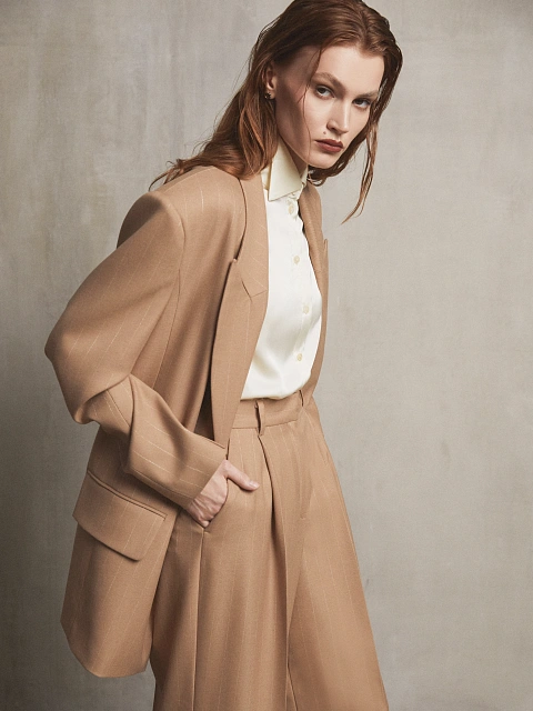 Бежевые широкие брюки в полоску, 6