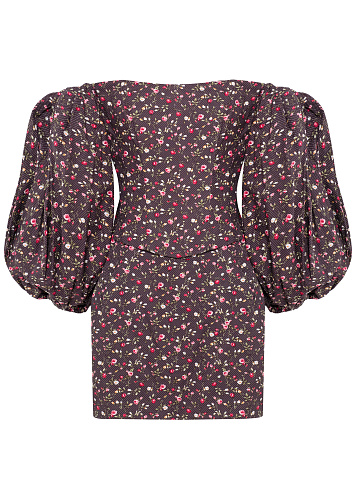 Коричневый комплект с цветочным принтом из топа и юбки-мини, 1