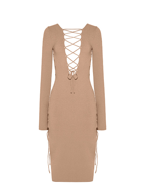 Бежевое трикотажное платье-миди с вырезами и шнуровкой, 1