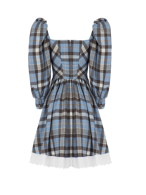 Платье в коричнево-голубую клетку с вырезом каре, 2 Платье в коричнево-голубую клетку с вырезом каре, 2