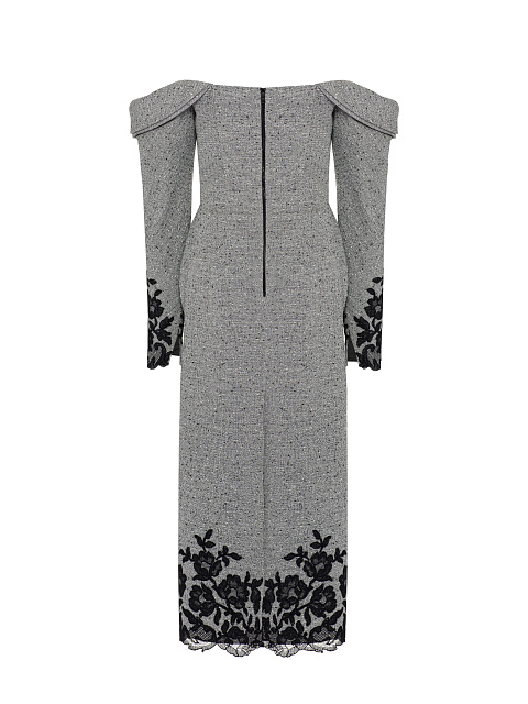 Серое платье-миди из шерсти с черным кружевом, 2