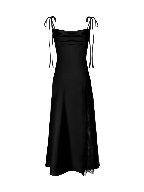 Черное атласное платье-миди с кружевом, 1