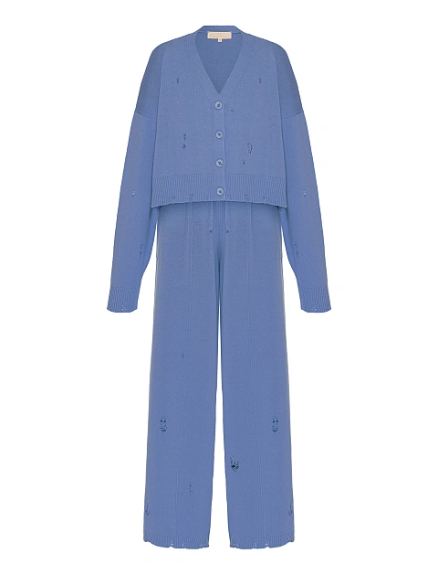 Сиреневый вязаный комплект из кардигана, топа и брюк, 2