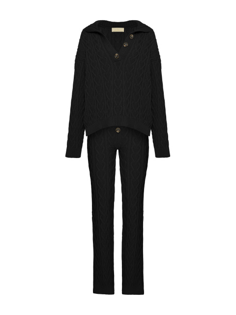 Черный вязаный комплект из пуловера и брюк, 1