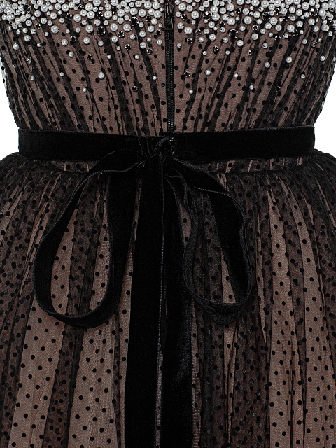 Черное платье-макси из фатина в горошек с жемчугом и кристаллами, 5