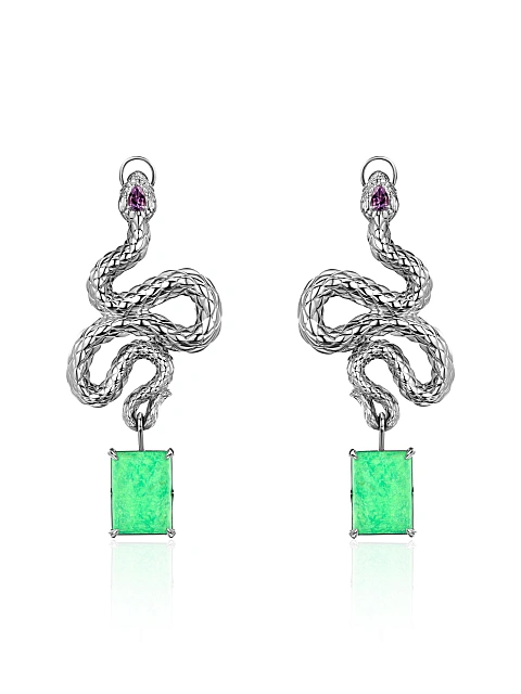 Серьги из белого золота с зеленой бирюзой, аметистами и бриллиантами, 1