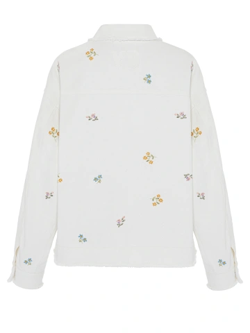 Белая джинсовая куртка с цветочной вышивкой и стразами, 2