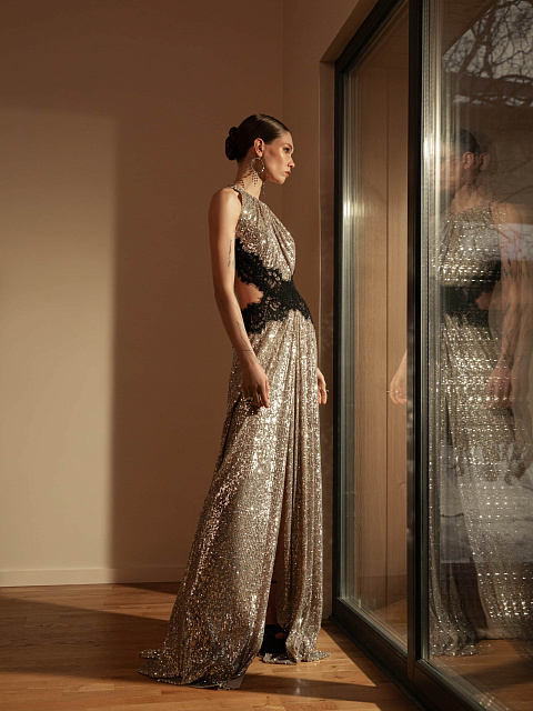 Серебристое платье-макси с пайетками и кружевом, 7