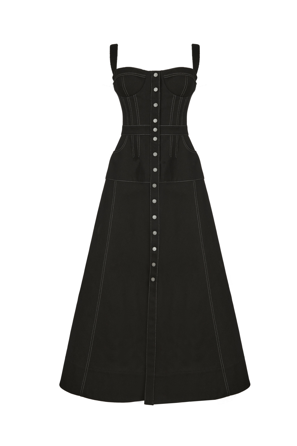 Черное платье-миди из денима с контрастными швами, 1