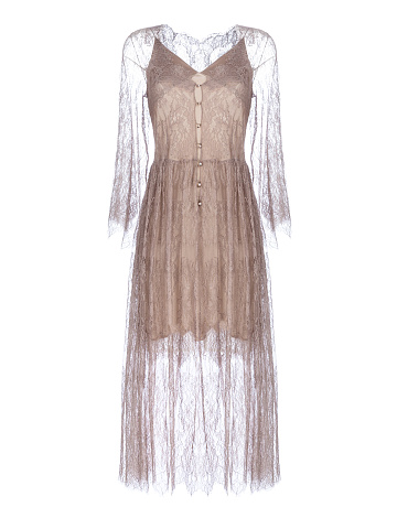 Бежевое двухслойное кружевное платье, 1