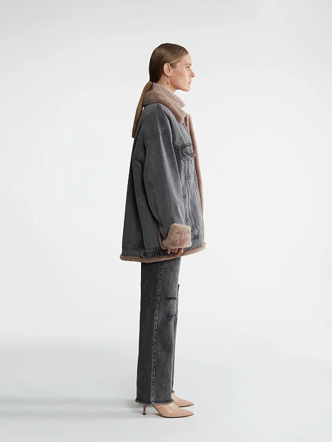 Серая джинсовая куртка с коричневым подкладом из овчины, 4