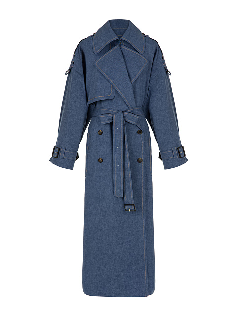 Синий двубортный льняной тренч, 3