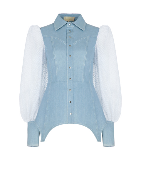 Голубая блузка из денима с рукавами из кружевного шифона, 1