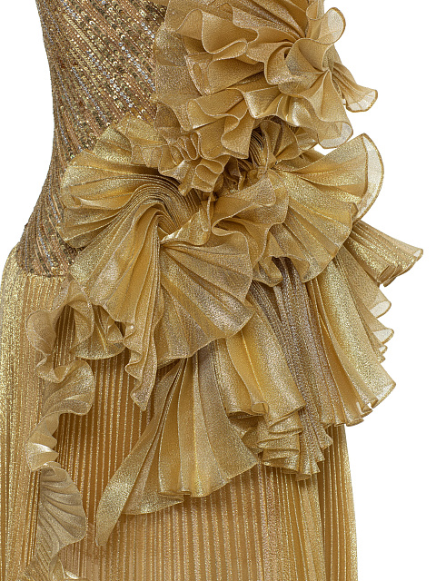 Золотое платье-макси с гофрированной юбкой и драпировкой, 4 Золотое платье-макси с гофрированной юбкой и драпировкой, 4