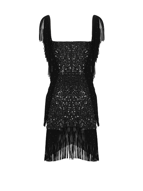 Черное замшевое платье с пайетками и бахромой, 2