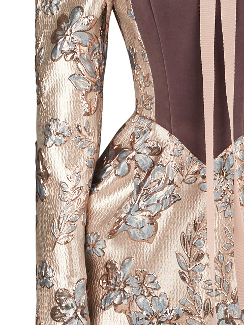 Платье-миди из бежевой парчи с золотыми цветами, 3