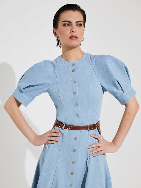 Голубое платье-миди из денима с рукавами-фонариками, 6 Голубое платье-миди из денима с рукавами-фонариками, 6