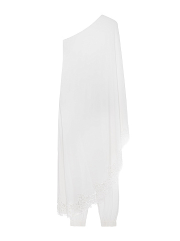 Белый костюм из туники на одно плечо и джоггеров, 2