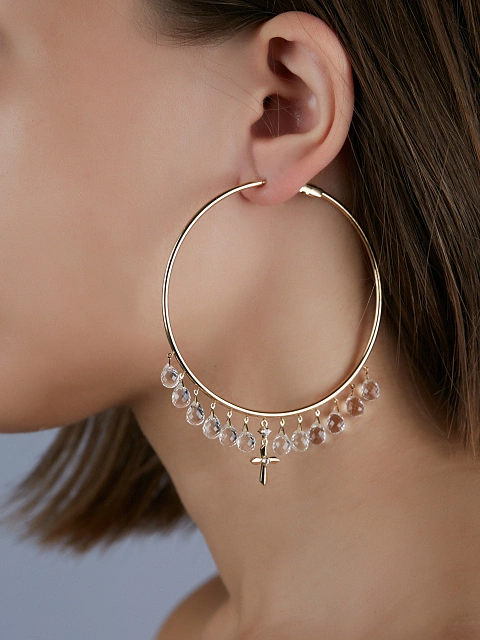 Хупсы с крестиками из желтого золота с горными хрусталем и топазами, 2 Хупсы с крестиками из желтого золота с горными хрусталем и топазами, 2