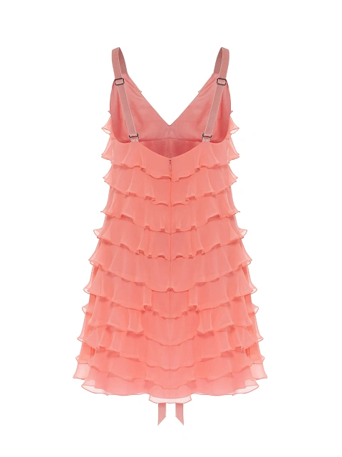 Коралловое платье-мини из шифона с воланами, 2