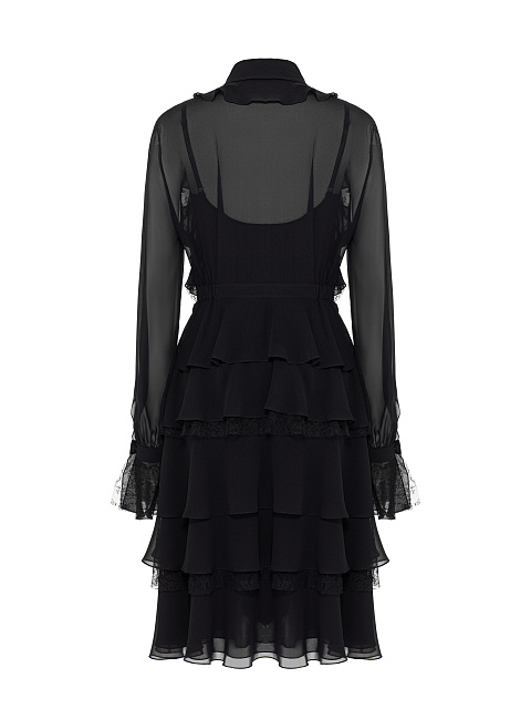 Черное платье-миди из шифона с кружевом и воланами, 2