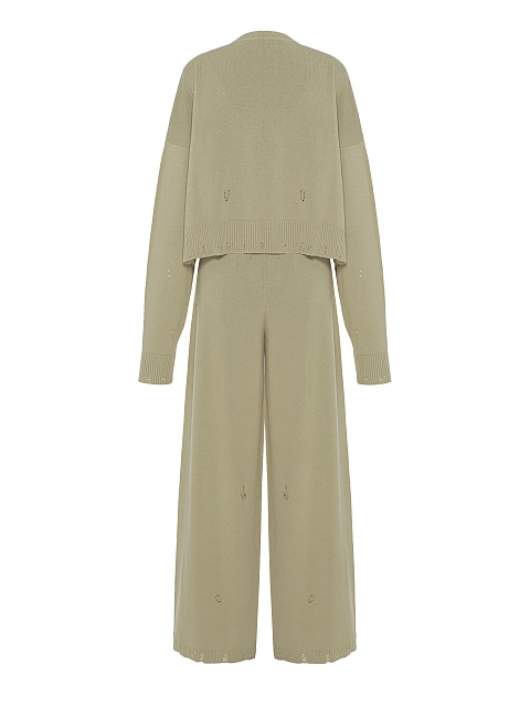 Вязаный комплект цвета хаки из кардигана, топа и брюк, 3