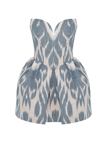 Голубое платье-мини с принтом икат, 1
