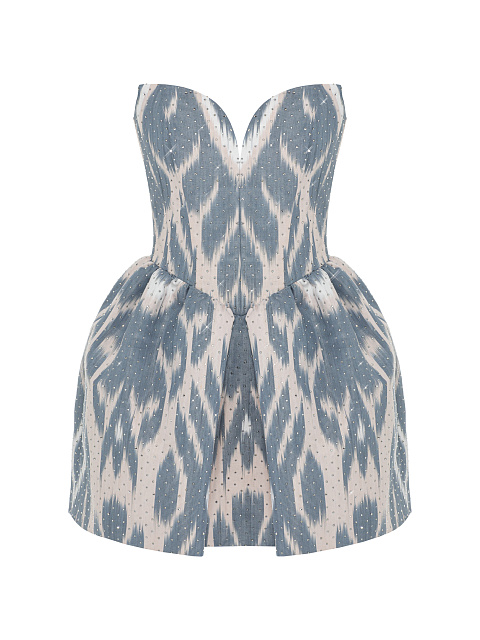 Голубое платье-мини с принтом икат, 1