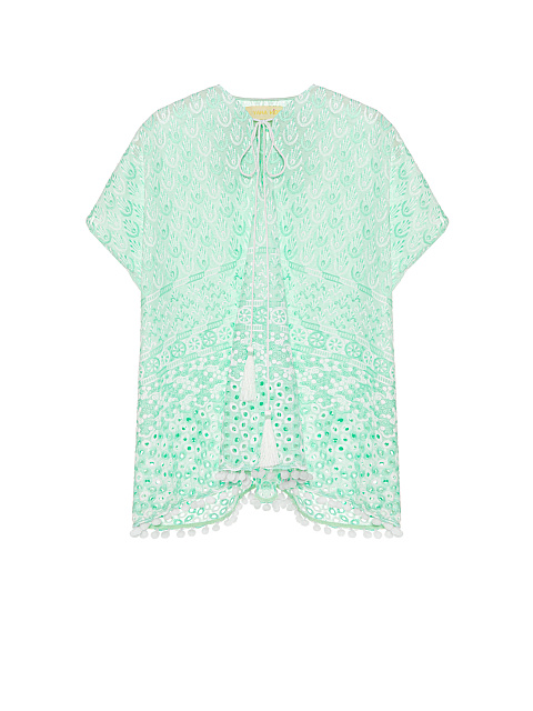 Зеленая детская туника из хлопка с белыми помпонами, 1 Зеленая детская туника из хлопка с белыми помпонами, 1