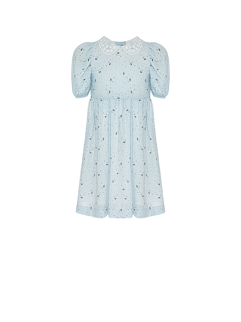 Голубое детское платье из хлопка с цветочным принтом и кружевным воротником, 1
