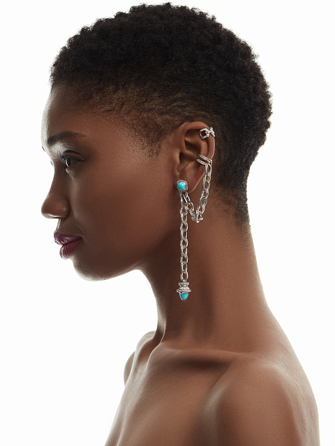 Серьги с каффом из белого золота с кабошонами бирюзы и бриллиантами круглой огранки, 4 Серьги с каффом из белого золота с кабошонами бирюзы и бриллиантами круглой огранки, 4