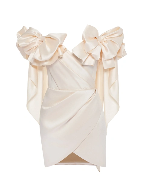 Бежевое платье-мини из шелка с бантами, 1