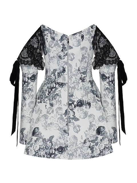 Белое платье-мини из хлопка с принтом и черным кружевом, 3