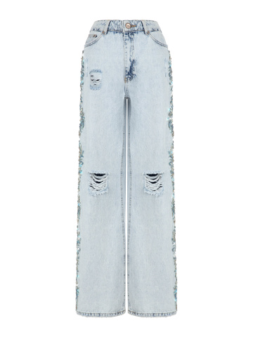 Голубые джинсы с ручной вышивкой кристаллами, 1
