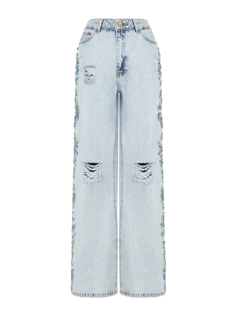 Голубые джинсы с ручной вышивкой кристаллами, 1