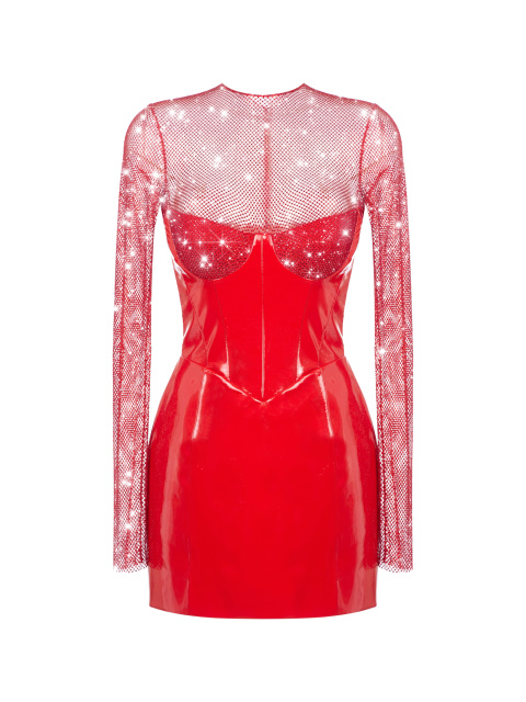Красное лакированное платье-мини с сеткой, 1