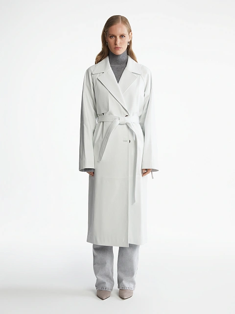 Белый двубортный тренч из кожи, 1